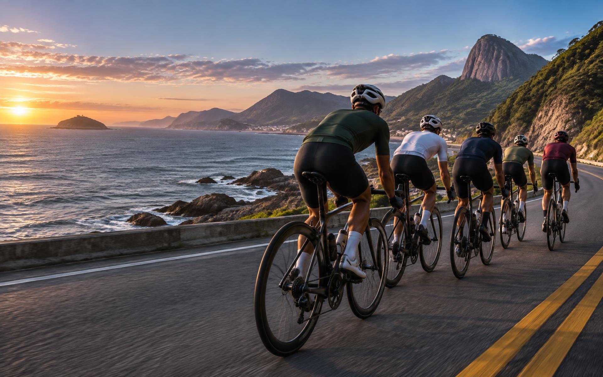 Ciclistas pedalando juntos em uma estrada costeira ao amanhecer